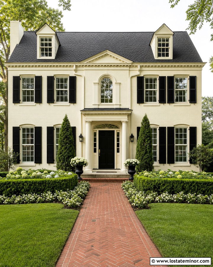 Off White Colonial With Symmetrical Landscaping - 30 Off White House Design With Front Yard Ideas