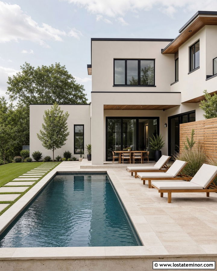 Off White Contemporary House With Black Windows And Pool - 30 Off White House Design With Backyard Ideas