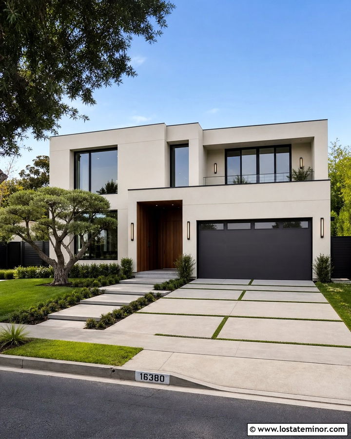 Off White Contemporary House With Grass Joint Walkway - 30 Off White House Design With Walkway Ideas