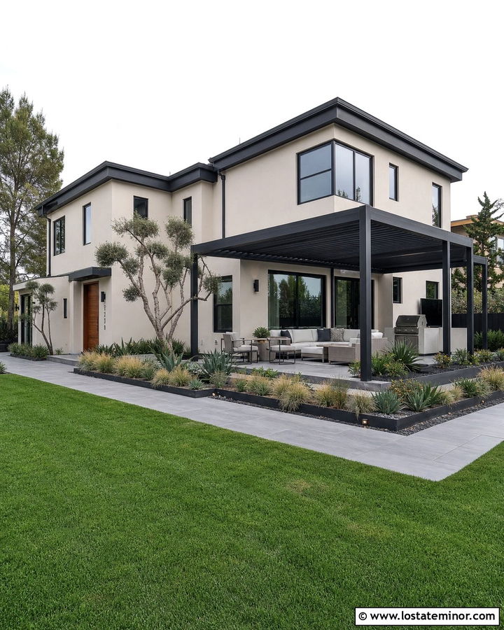 Off White Contemporary House With Louvered Pergola - 30 Off White House Design With Pergola Ideas