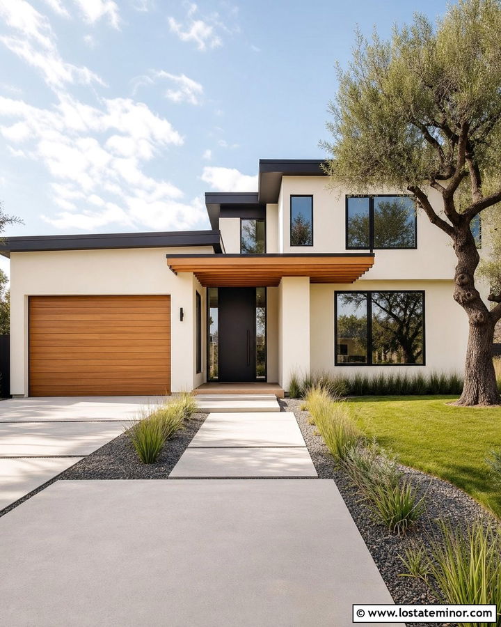 Off White Contemporary House With Wood Awning - 30 Off White House Design With Awning Ideas