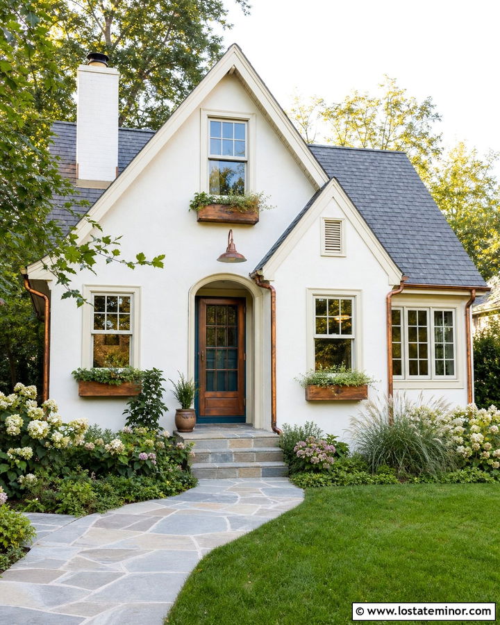 Off White Cottage House With Copper Storm Door - 30 Off White House Design With Storm Door Ideas