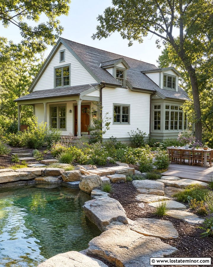 Off White Cottage House With Natural Pool - 30 Off White House Design With Swimming Pool Ideas