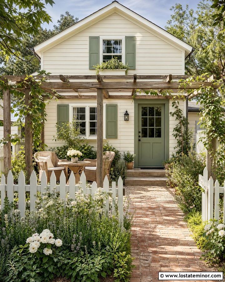 Off White Cottage House With Pergola - 30 Off White House Design With Backyard Ideas