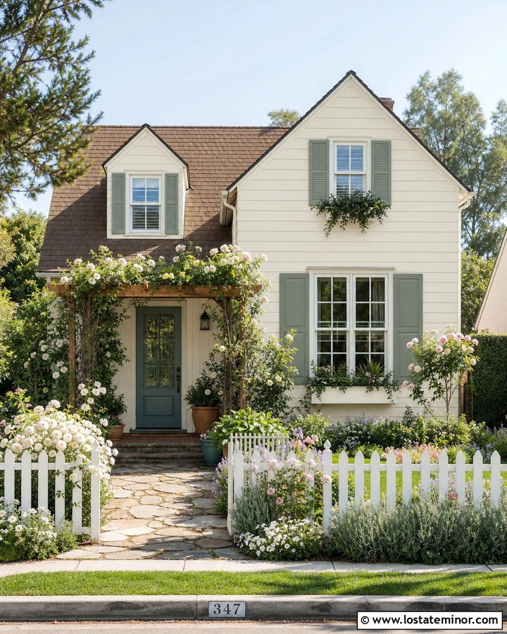 Off White Cottage House With Vine Pergola - 30 Off White House Design With Pergola Ideas