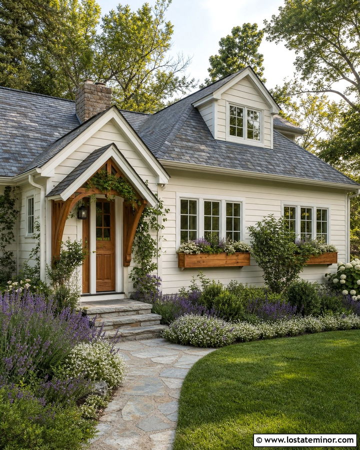 Off White Cottage With Cedar Window Boxes - 30 Off White House Design With Window Boxes Ideas