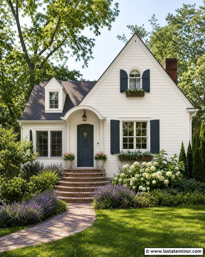 Off White Cottage With Curved Brick Steps - 30 Off White House Design With Steps Ideas