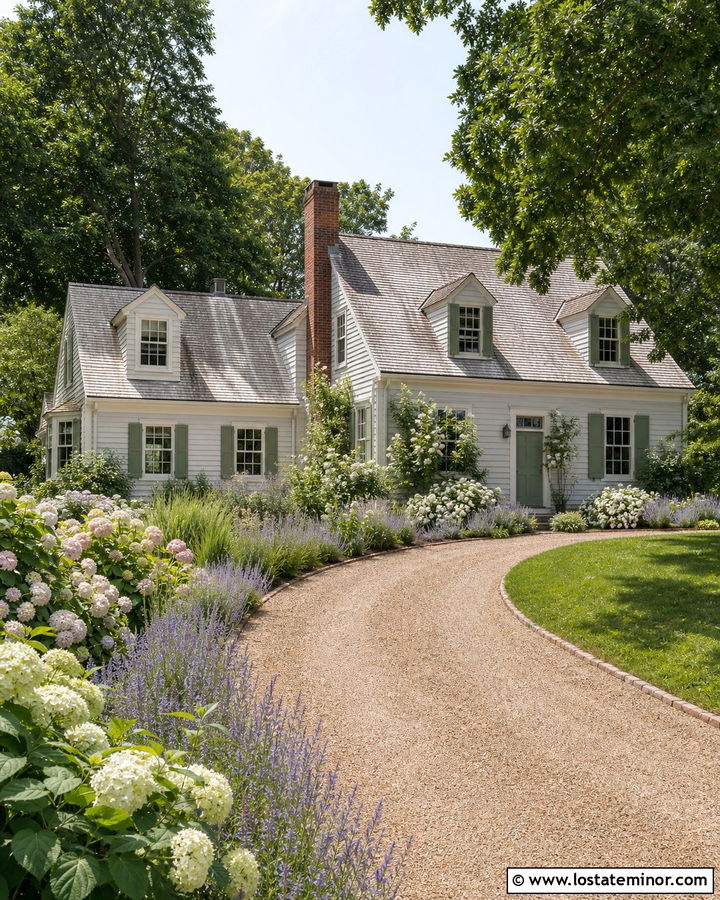 Off White Cottage With Curved Gravel Driveway - 30 Off White House Design With Driveway Ideas