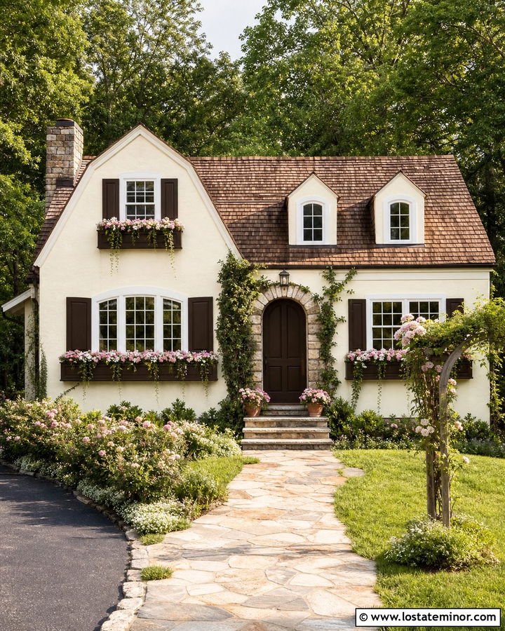 Off White Cottage With Dark Brown Window Boxes - 30 Off White House Design With Window Boxes Ideas