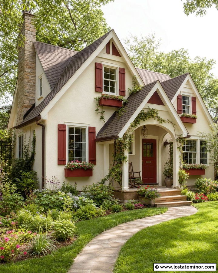 Off White Cottage With Deep Red Trim - 30 Off White House Design With Trim Ideas