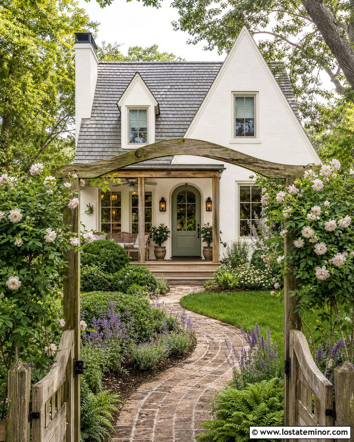 Off White Cottage With Garden Arch Walkway - 30 Off White House Design With Walkway Ideas