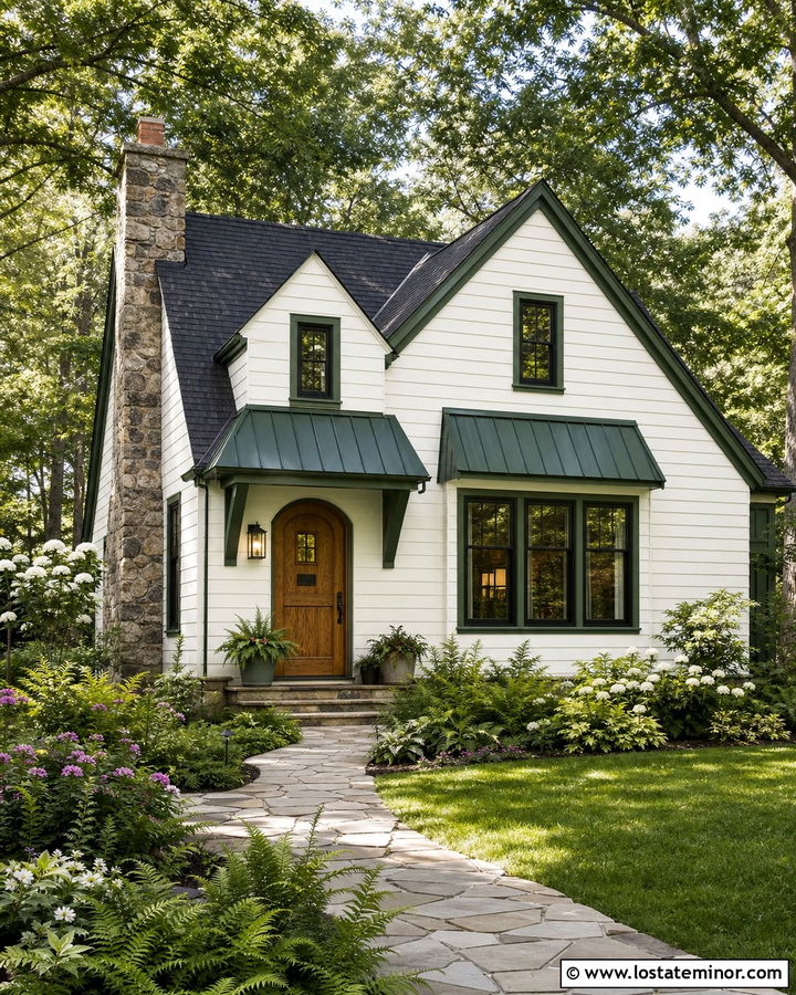 Off White Cottage With Green Metal Awning - 30 Off White House Design With Awning Ideas