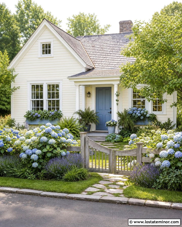 Off White Cottage With Hydrangea Garden - 30 Off White House Design With Front Yard Ideas