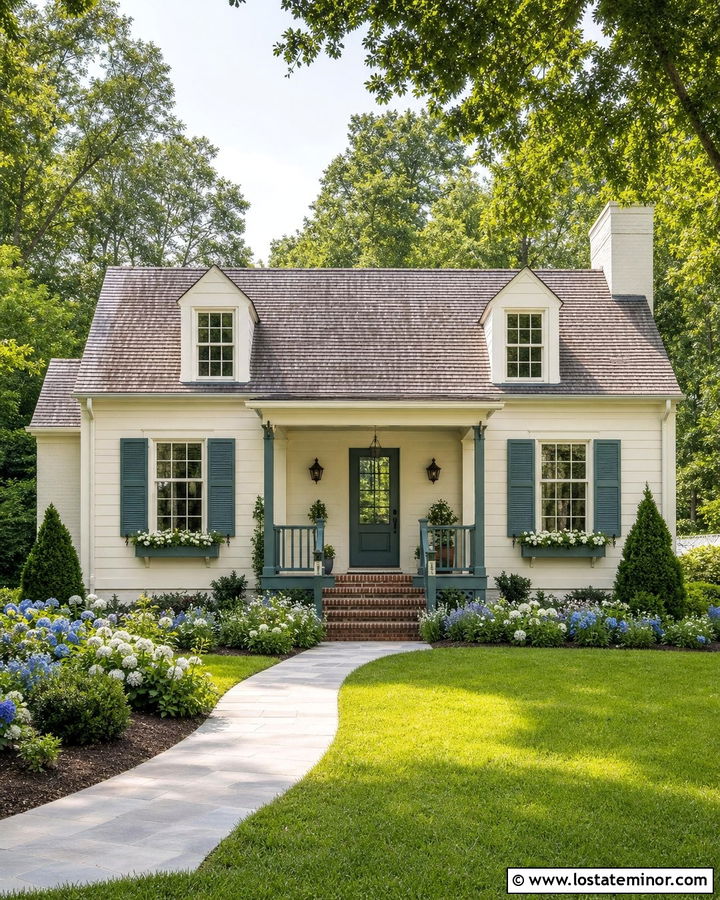 Off White Cottage With Muted Teal Trim - 30 Off White House Design With Trim Ideas