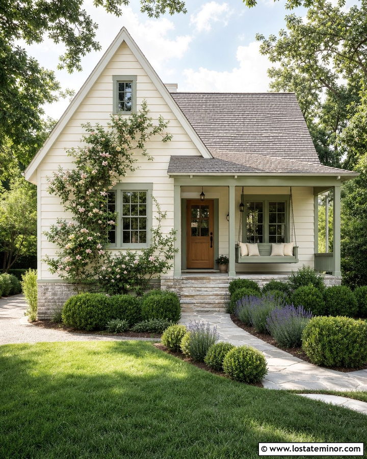 Off White Cottage With Sage Green Swing - 30 Off White House Design With Swing Ideas