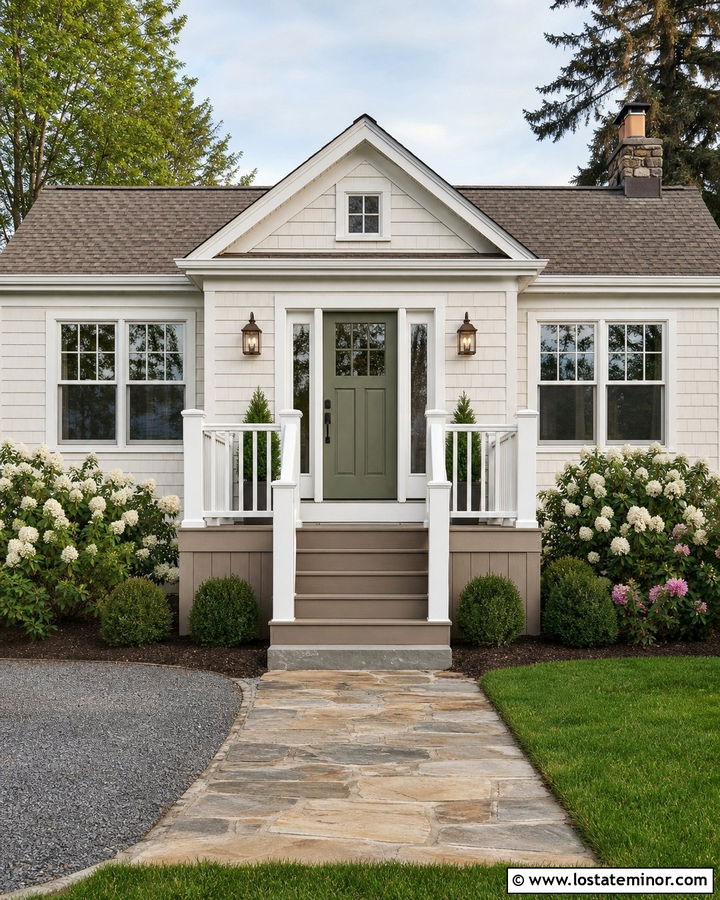 Off White Cottage With Small Entry Deck - 30 Off White House Design With Deck Ideas