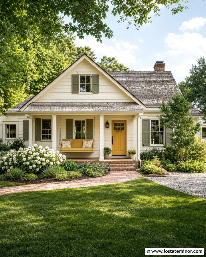 Off White Cottage With Yellow Porch Swing - 30 Off White House Design With Swing Ideas