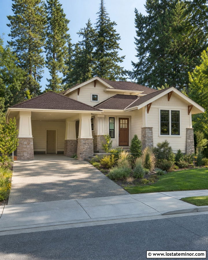 Off White Craftsman House With Stone Carport Columns - 30 Off White House Design With Carport Ideas