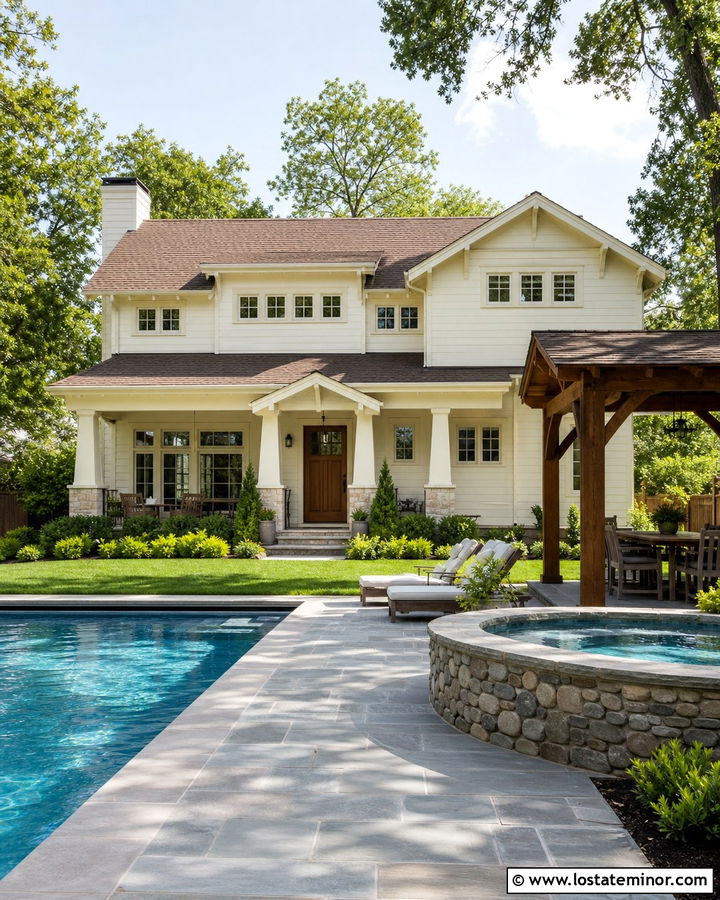 Off White Craftsman House With Stone Pool Patio - 30 Off White House Design With Swimming Pool Ideas