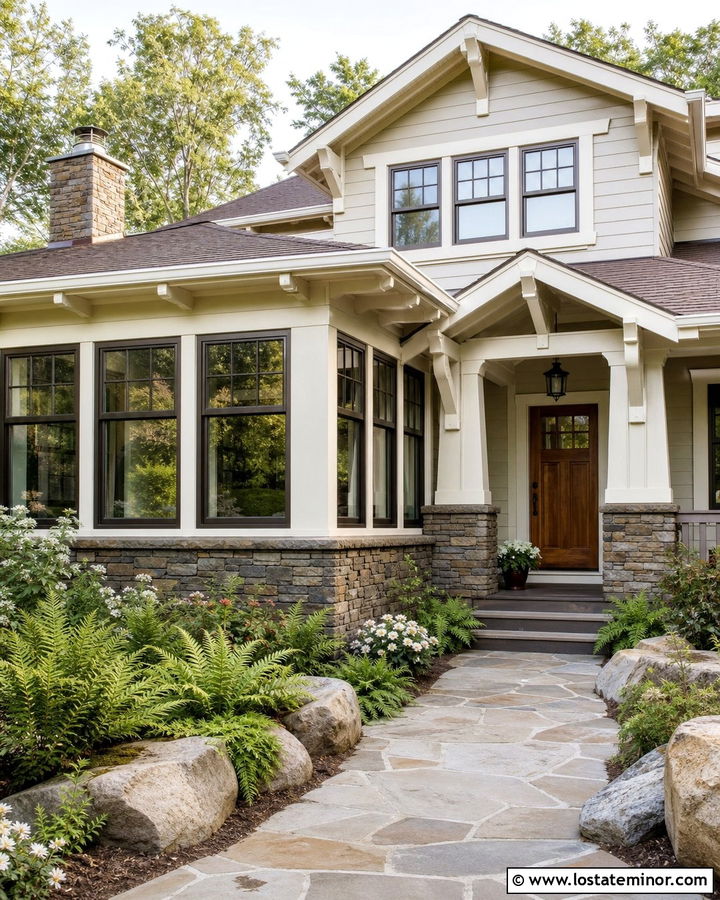 Off White Craftsman House With Stone Sunroom - 30 Off White House Design With Sunroom Ideas