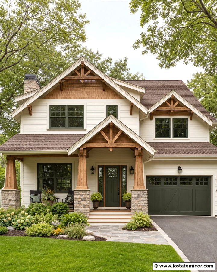 Off White Craftsman House With Timber Gables - 30 Off White House Design With Gables Ideas