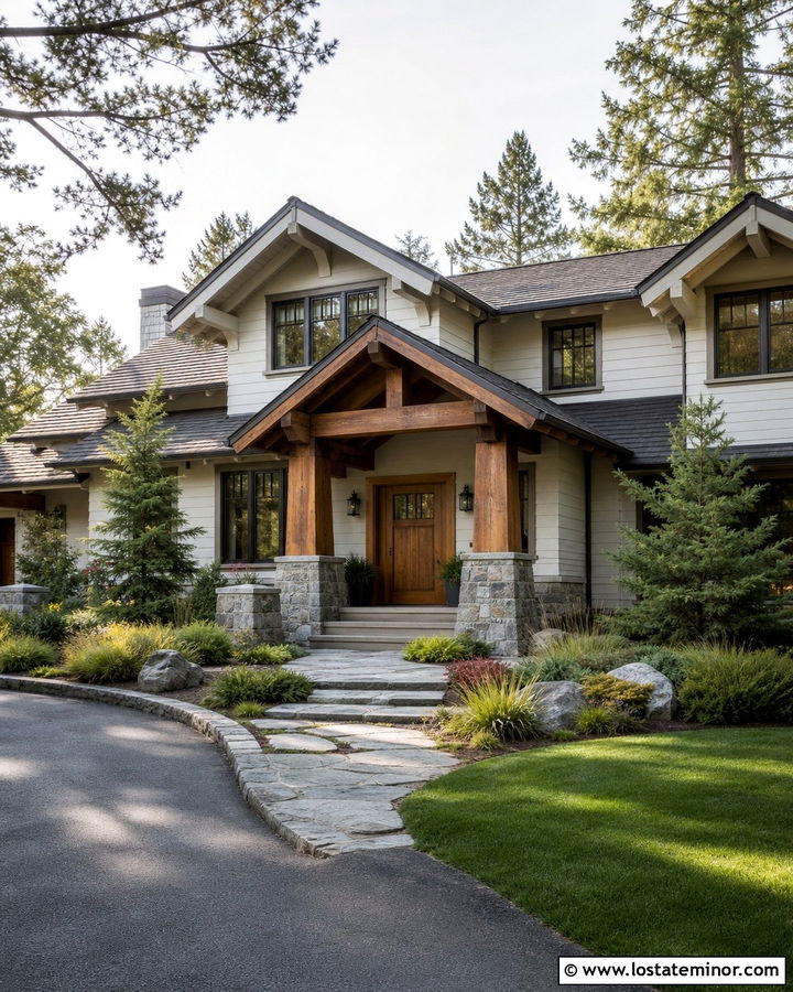 Off White Craftsman House With Timber Portico - 30 Off White House Design With Portico Ideas