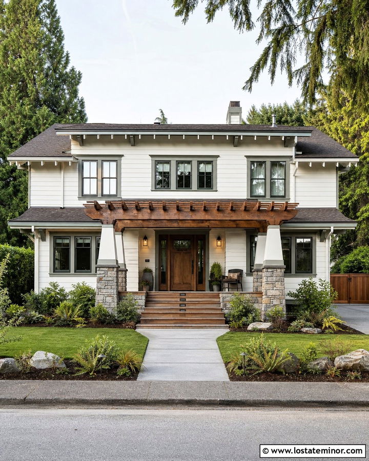 Off White Craftsman House With Wood Pergola - 30 Off White House Design With Pergola Ideas
