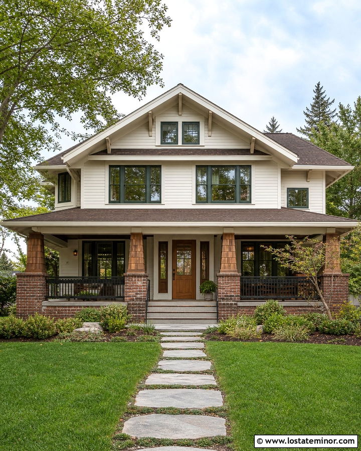 Off White Craftsman With Brick Porch Base - 30 Off White House Design With Brick Accents Ideas
