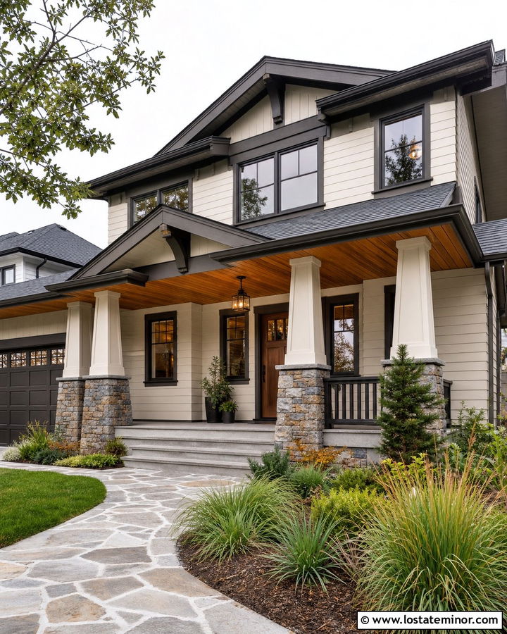 Off White Craftsman With Cedar Porch Ceiling - 30 Off White House Design With Porch Ceiling Ideas