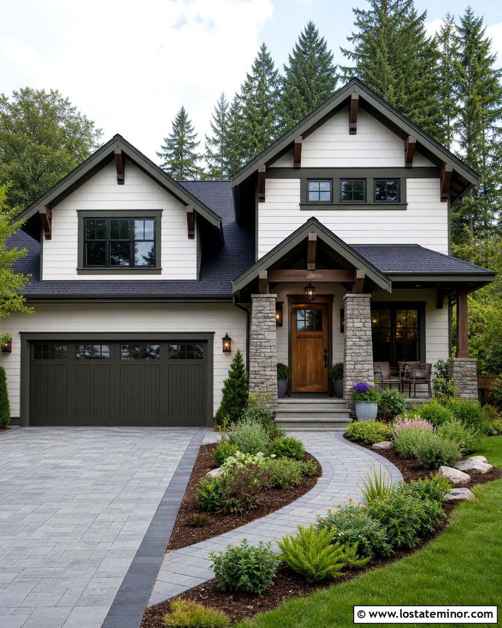 Off White Craftsman With Concrete Paver Driveway - 30 Off White House Design With Driveway Ideas