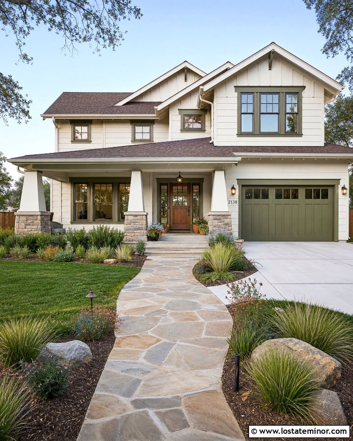Off White Craftsman With Flagstone Walkway - 30 Off White House Design With Walkway Ideas