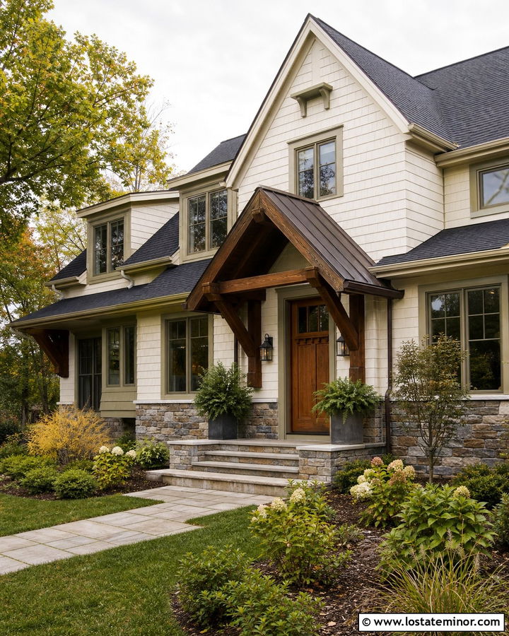 Off White Craftsman With Gabled Awning - 30 Off White House Design With Awning Ideas