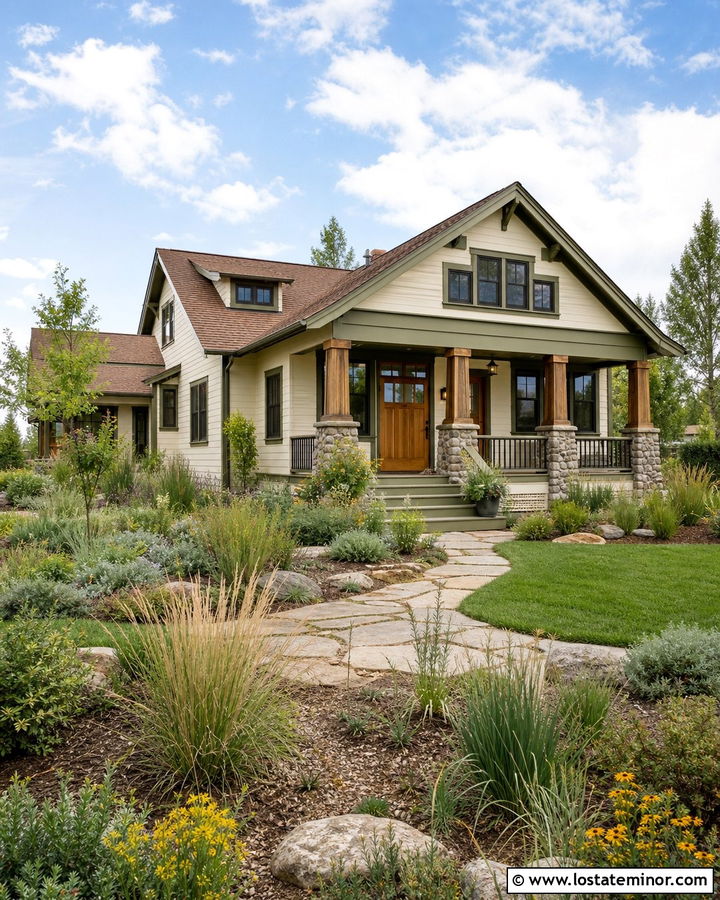 Off White Craftsman With Native Plant Landscaping - 30 Off White House Design With Landscaping Ideas