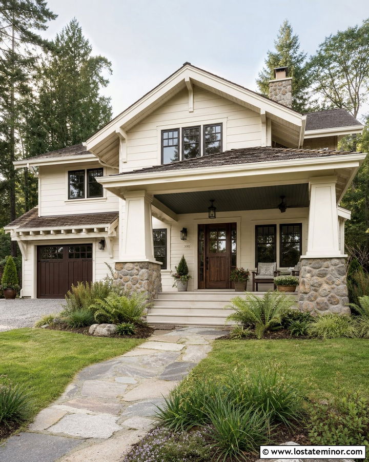 Off White Craftsman With Olive Porch Ceiling - 30 Off White House Design With Porch Ceiling Ideas