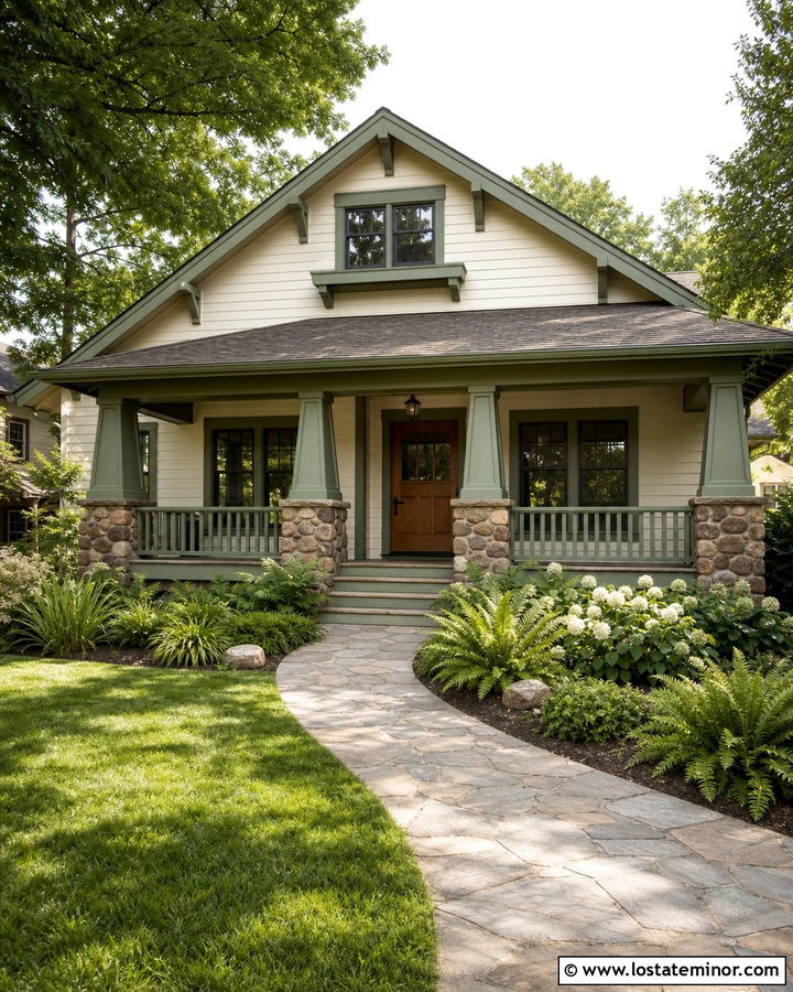Off White Craftsman With Sage Green Trim - 30 Off White House Design With Trim Ideas