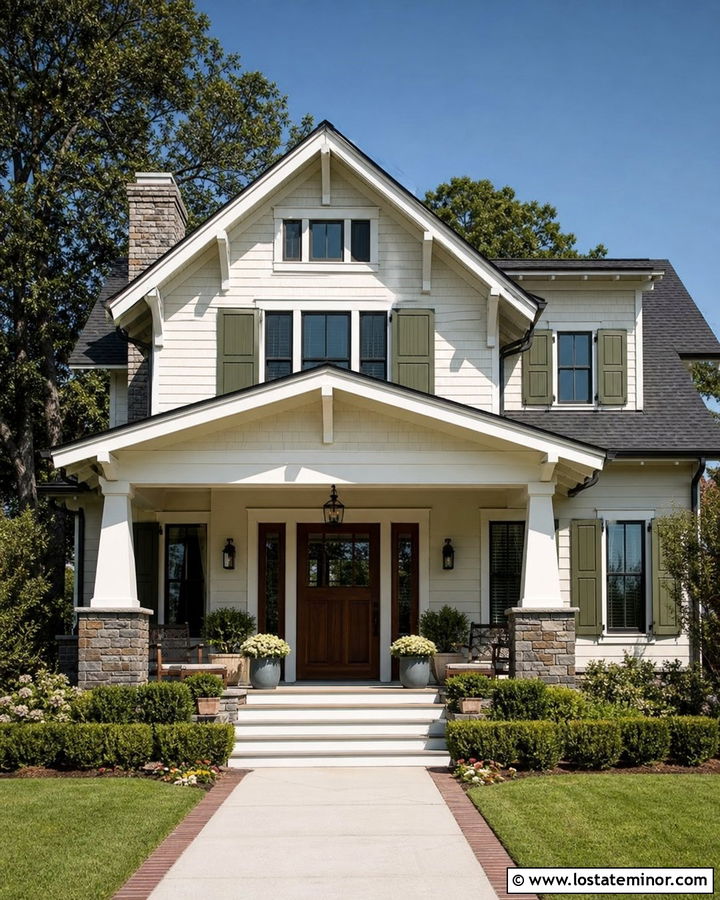 Off White Craftsman With Stone Base Porch Columns - 30 Off White House Design With Porch Columns Ideas