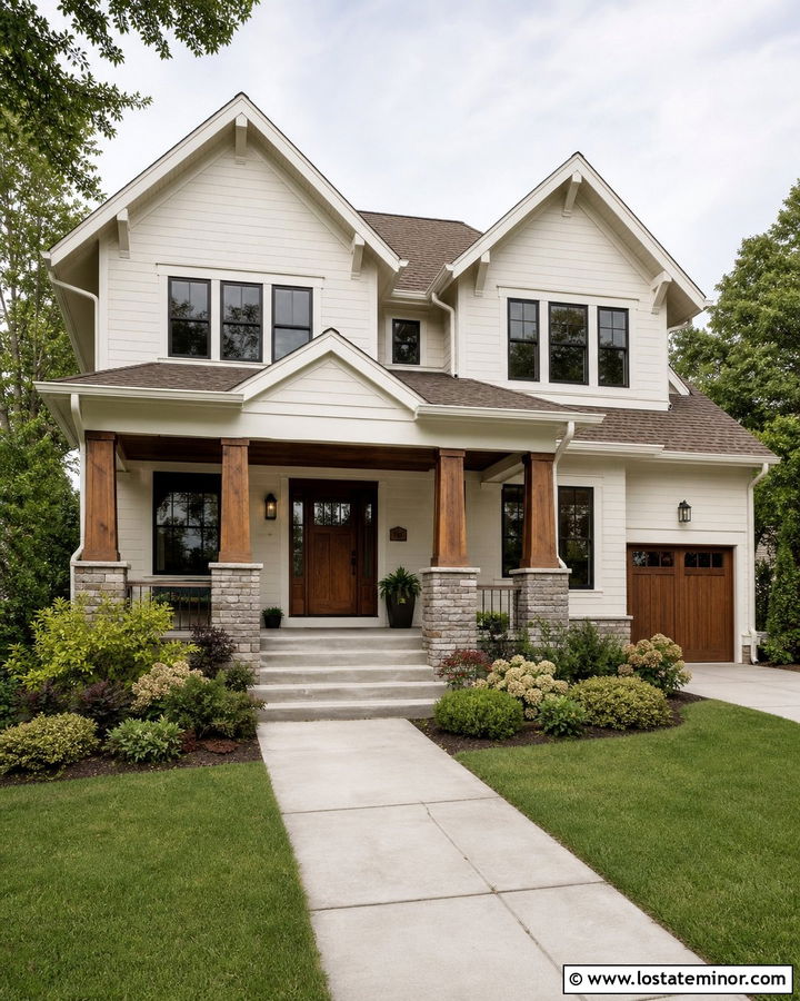 Off White Craftsman With Stone Front Porch - 30 Off White House Design With Front Porch Ideas
