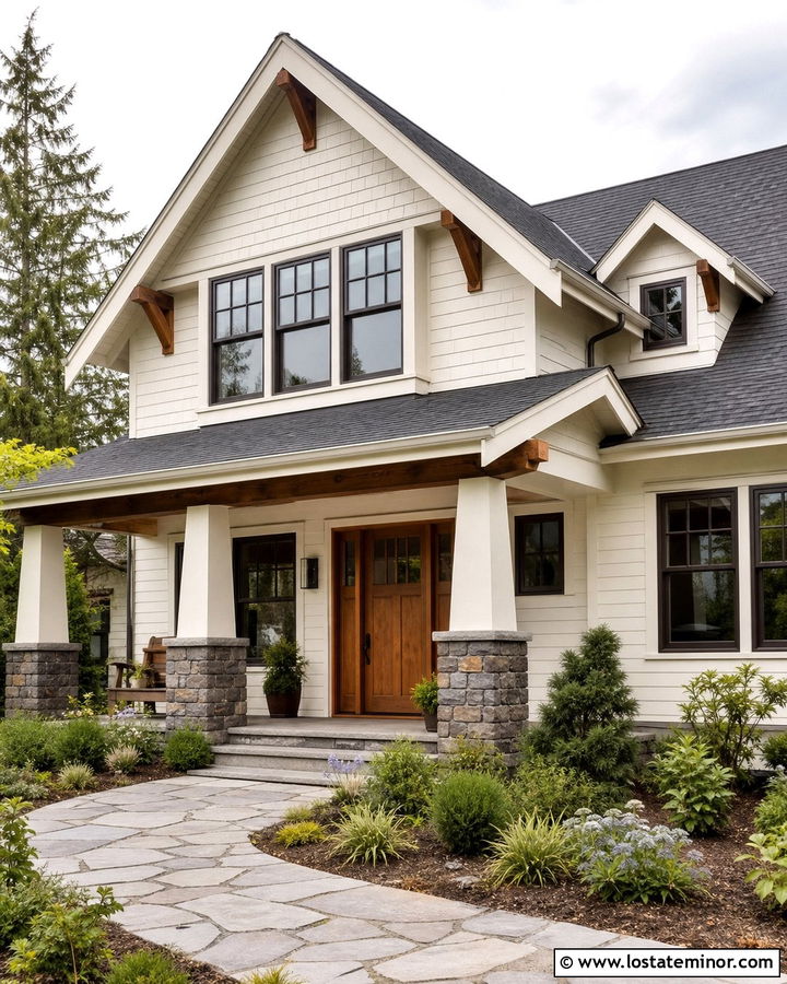 Off White Craftsman With Stone Porch Columns - 30 Off White House Design With Stone Accents Ideas