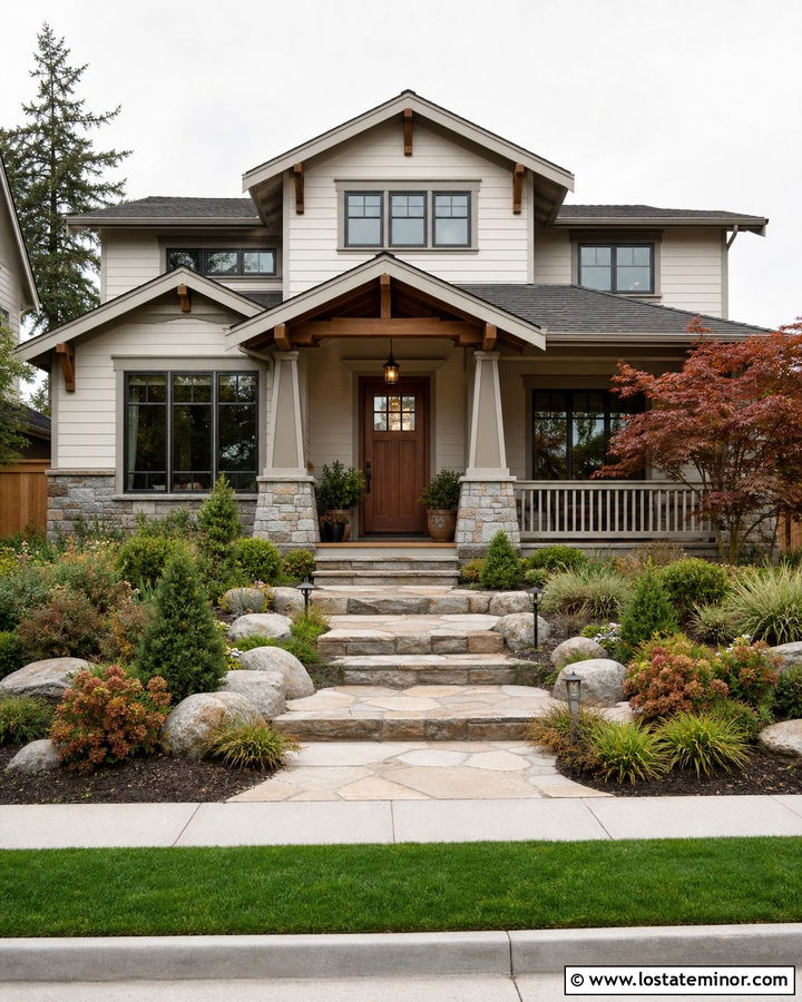 Off White Craftsman With Stone Walkway - 30 Off White House Design With Front Yard Ideas