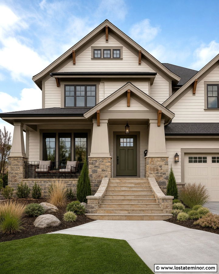 Off White Craftsman With Tapered Porch Steps - 30 Off White House Design With Steps Ideas