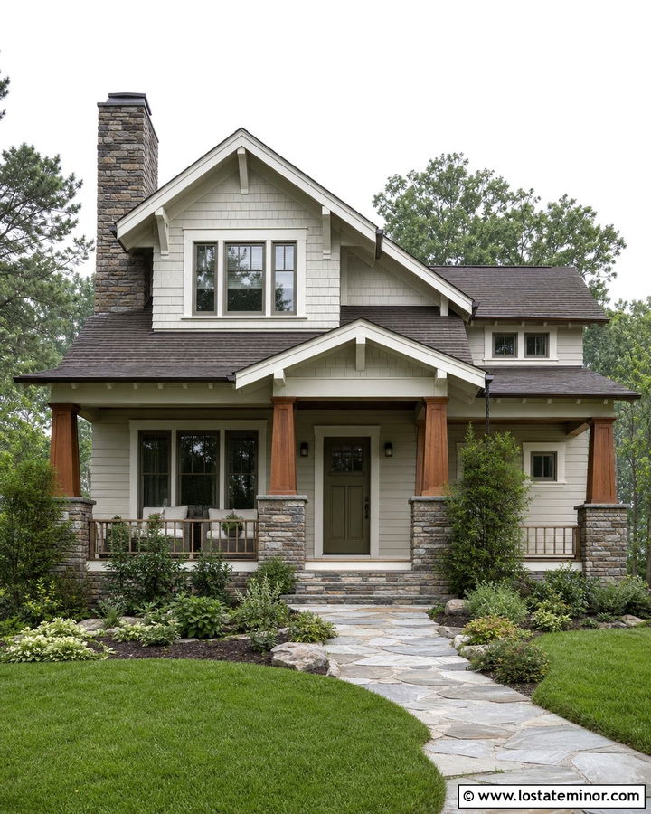 Off White Craftsman With Tapered Stone Chimney - 30 Off White House Design With Chimney Ideas