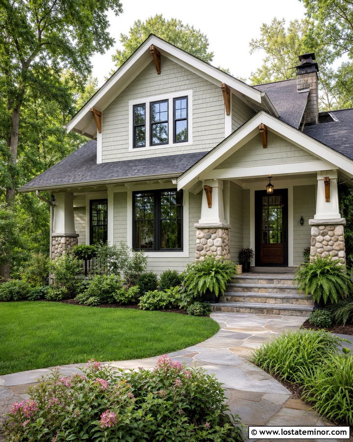 Off White Craftsman With Wood Front Door And Black Storm Door - 30 Off White House Design With Storm Door Ideas