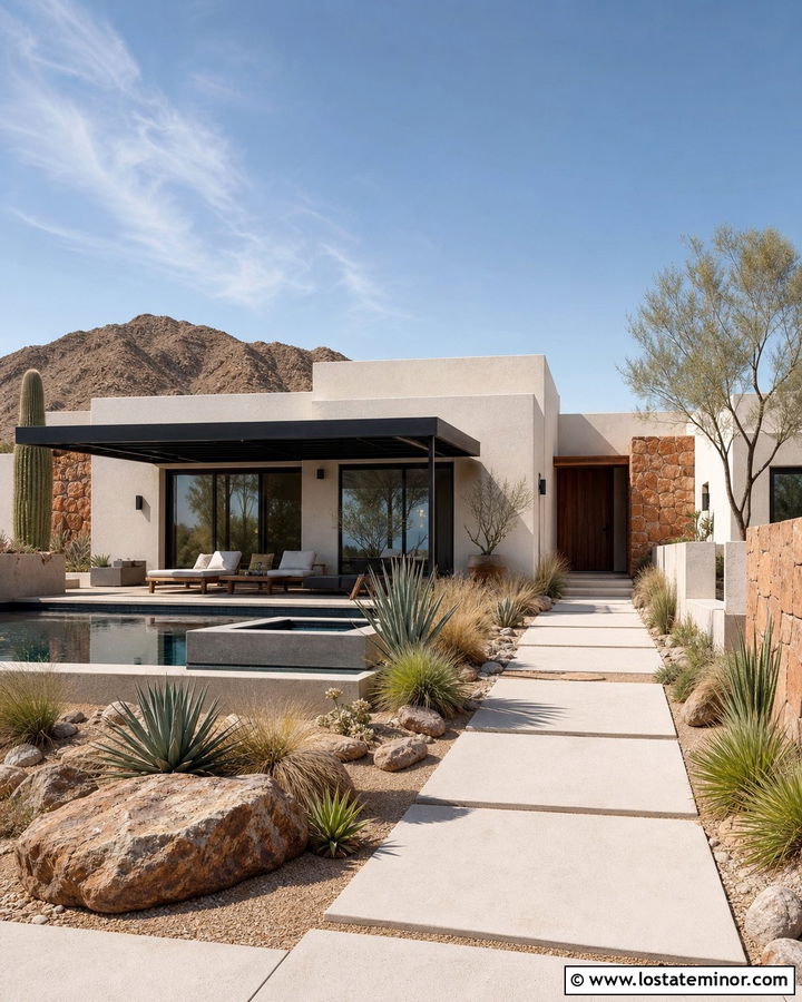 Off White Desert House With Geometric Pool - 30 Off White House Design With Swimming Pool Ideas