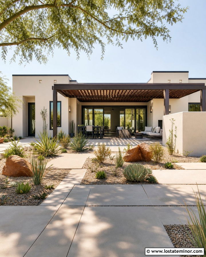 Off White Desert House With Shaded Backyard - 30 Off White House Design With Backyard Ideas