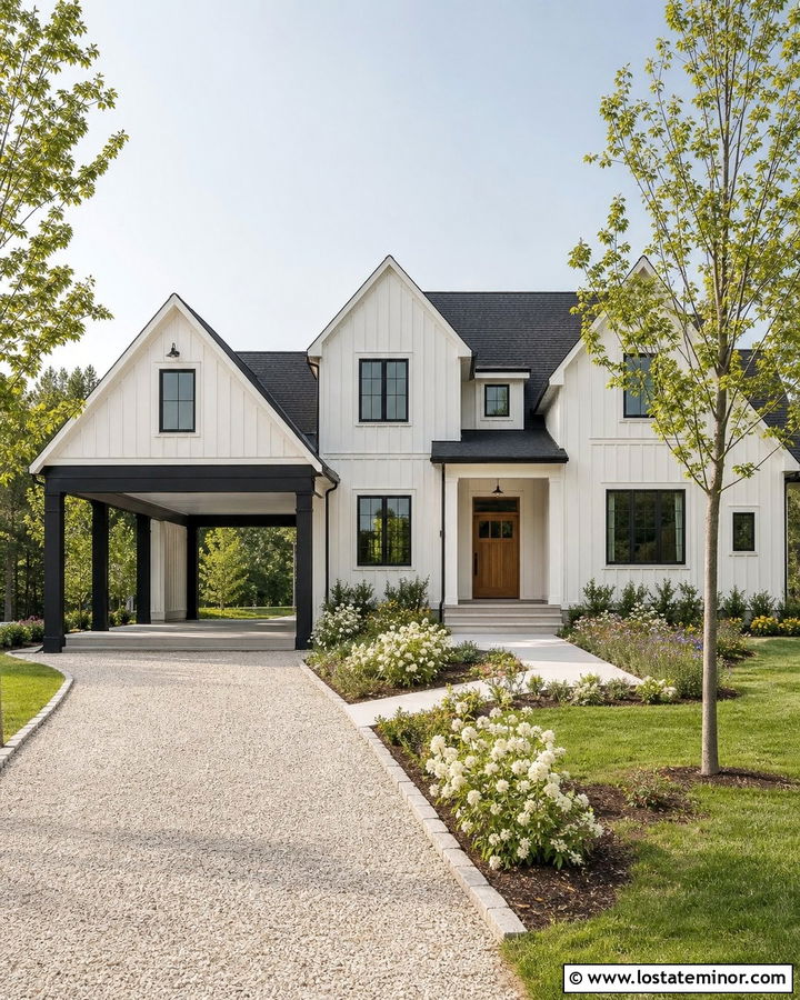 Off White Farmhouse With Black Carport - 30 Off White House Design With Carport Ideas