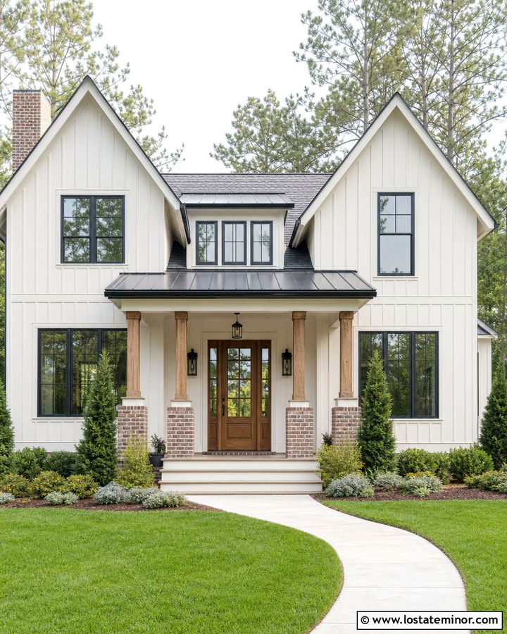 Off White Farmhouse With Brick Porch Columns - 30 Off White House Design With Brick Accents Ideas