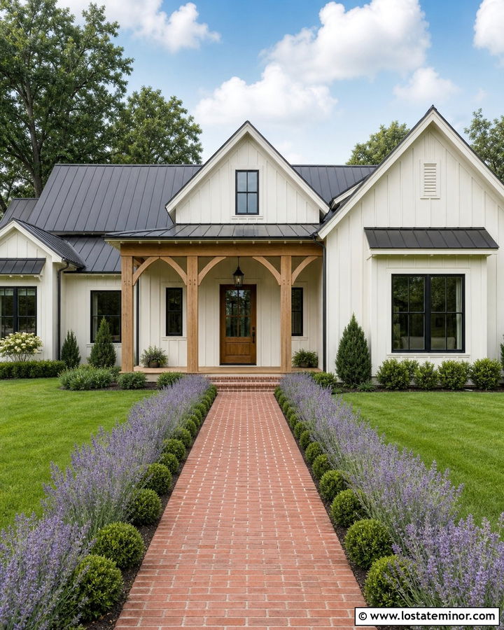 Off White Farmhouse With Brick Walkway - 30 Off White House Design With Walkway Ideas