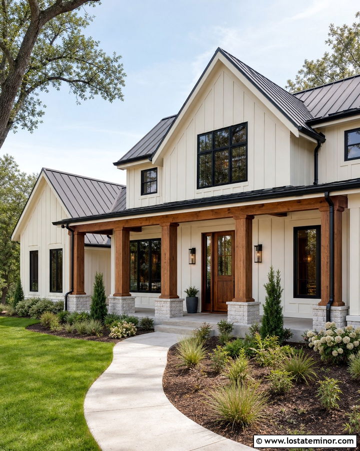 Off White Farmhouse With Cedar Porch Columns - 30 Off White House Design With Porch Columns Ideas