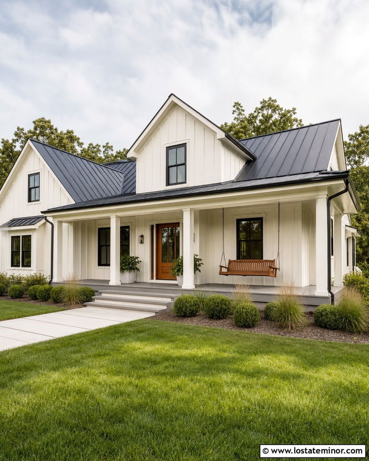 Off White Farmhouse With Cedar Porch Swing - 30 Off White House Design With Swing Ideas