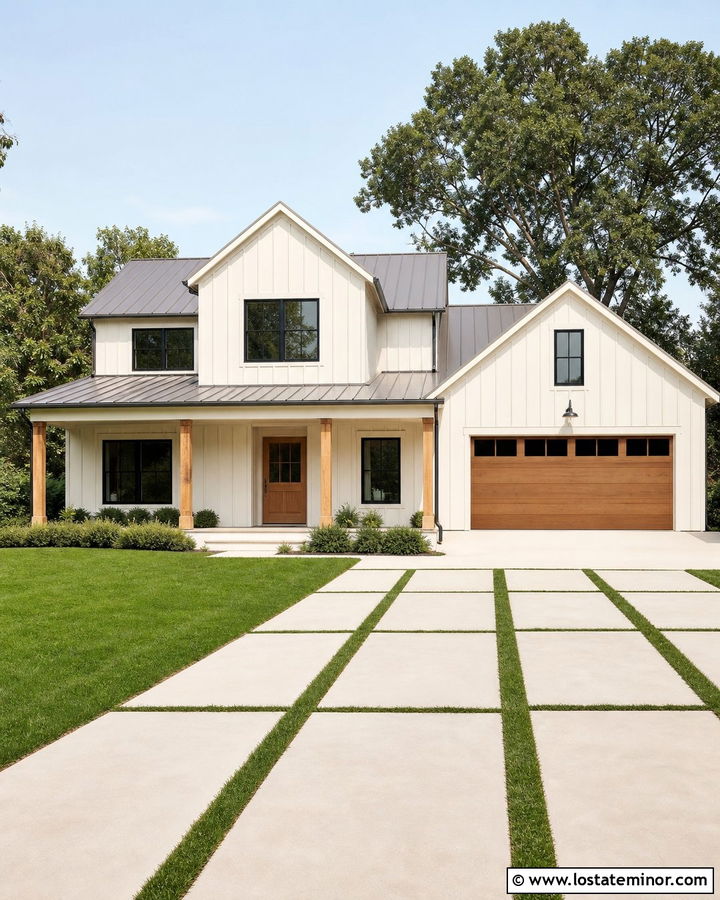 Off White Farmhouse With Concrete And Grass Driveway - 30 Off White House Design With Driveway Ideas